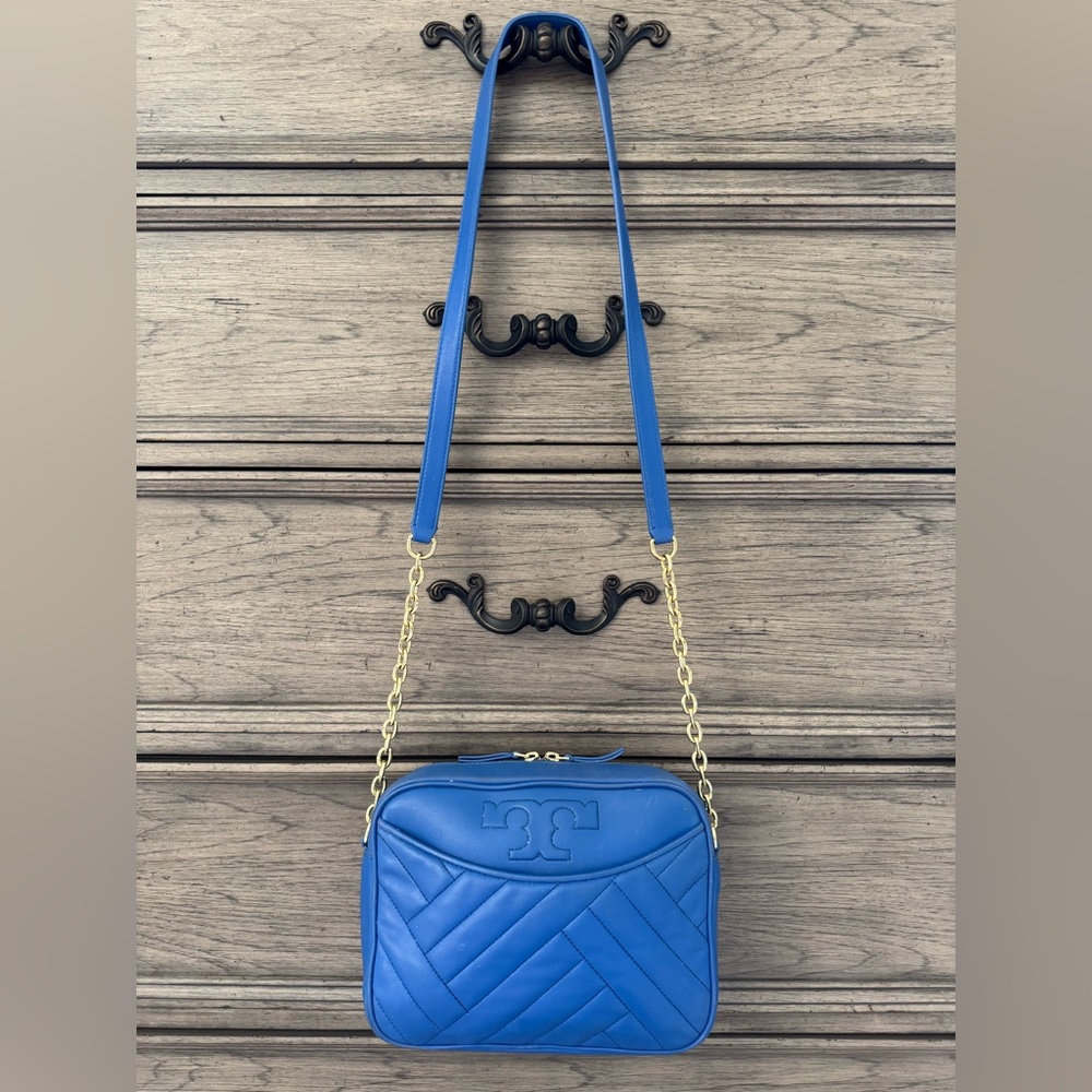 Tory Burch Leather Crossbody Bag Alexa Stitch Camera Bag Regal Blue Quilted